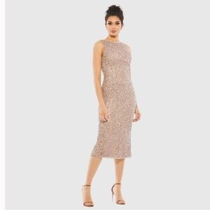 NWT Mac Duggal Rose Gold Sleeveless Sequined Midi Sheath Dress, Size 14